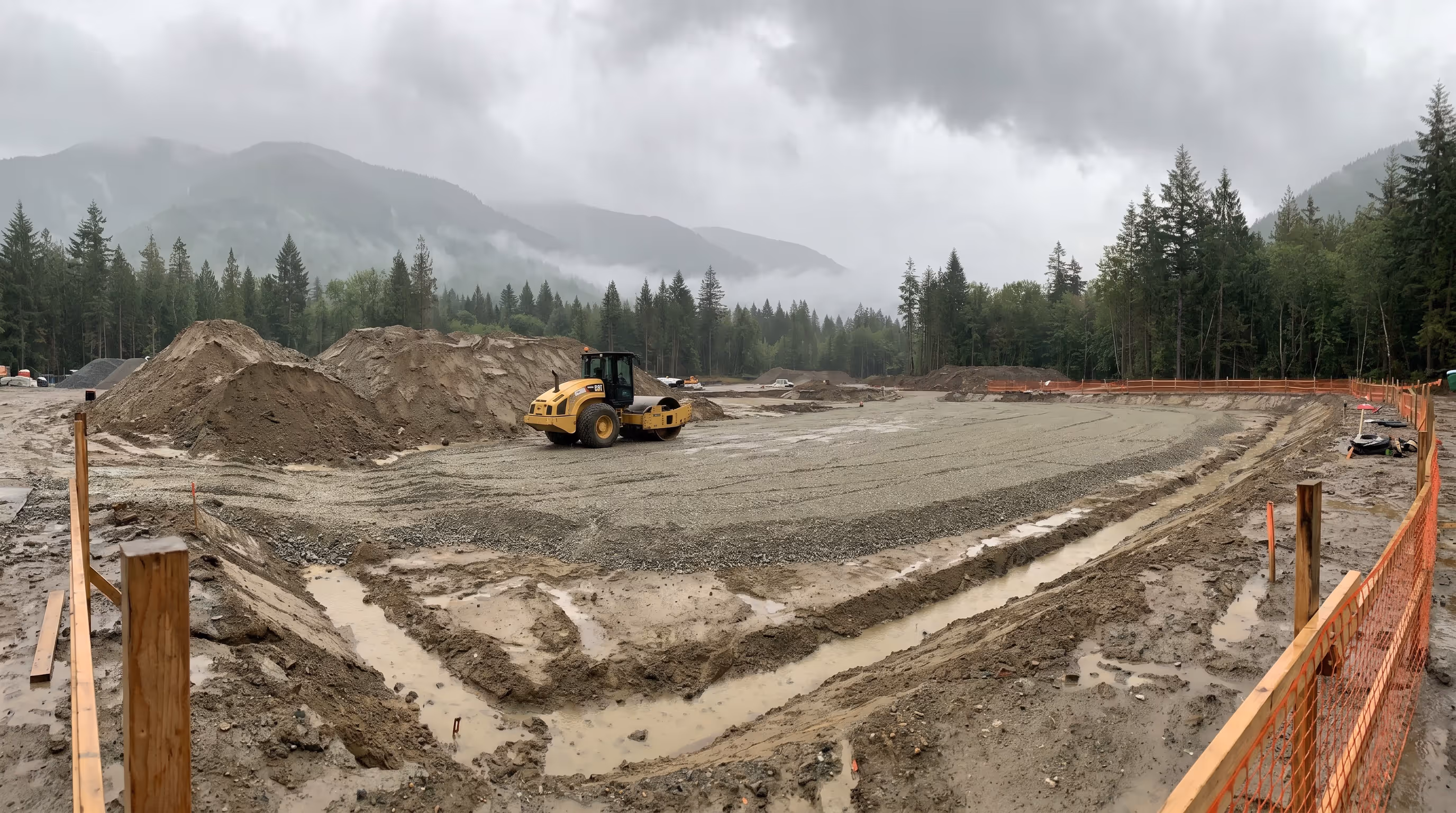 Site preparation earthwork with a compactor and graded base on a British Columbia construction site