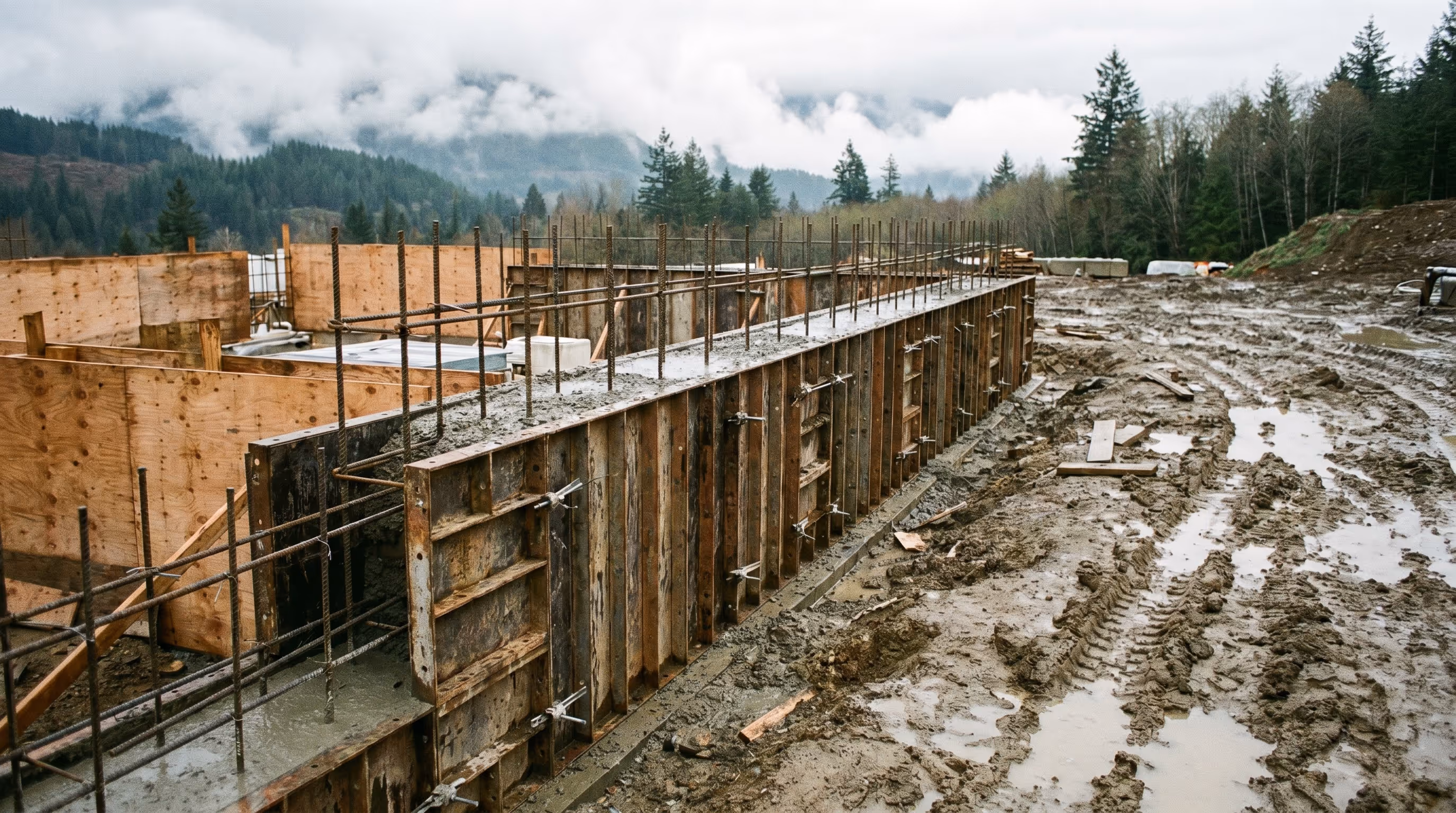 Concrete formwork with rebar for a building foundation at a British Columbia construction site