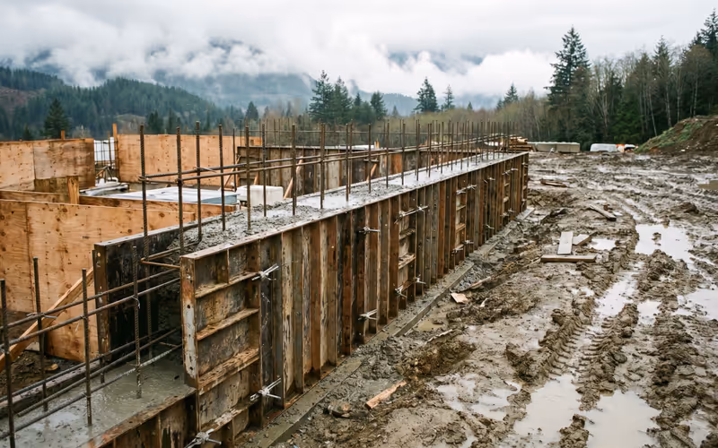 Concrete formwork with rebar for a building foundation at a British Columbia construction site