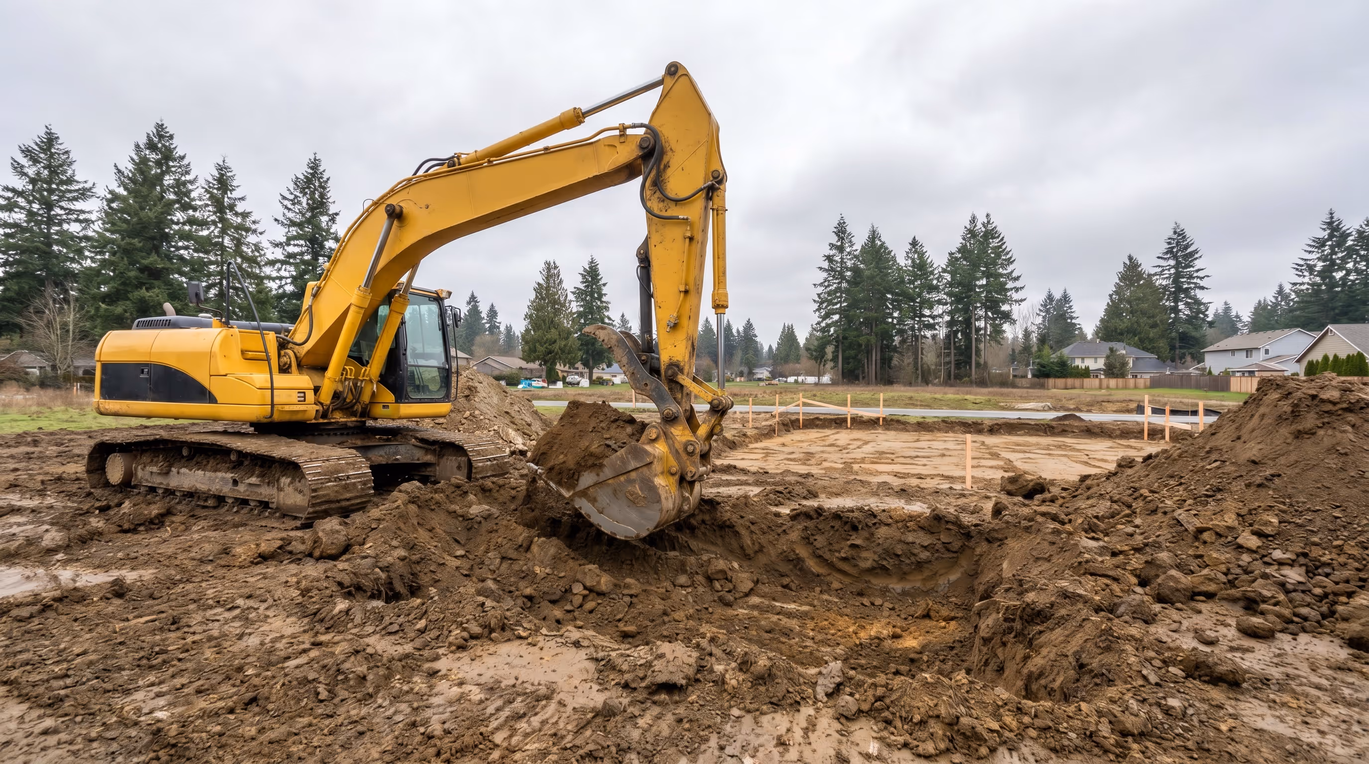 Excavator preparing a residential building lot in the Lower Mainland of British Columbia