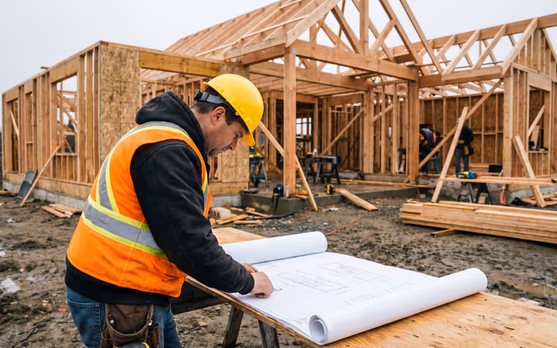 General contractor reviewing plans on a construction site in Surrey, British Columbia