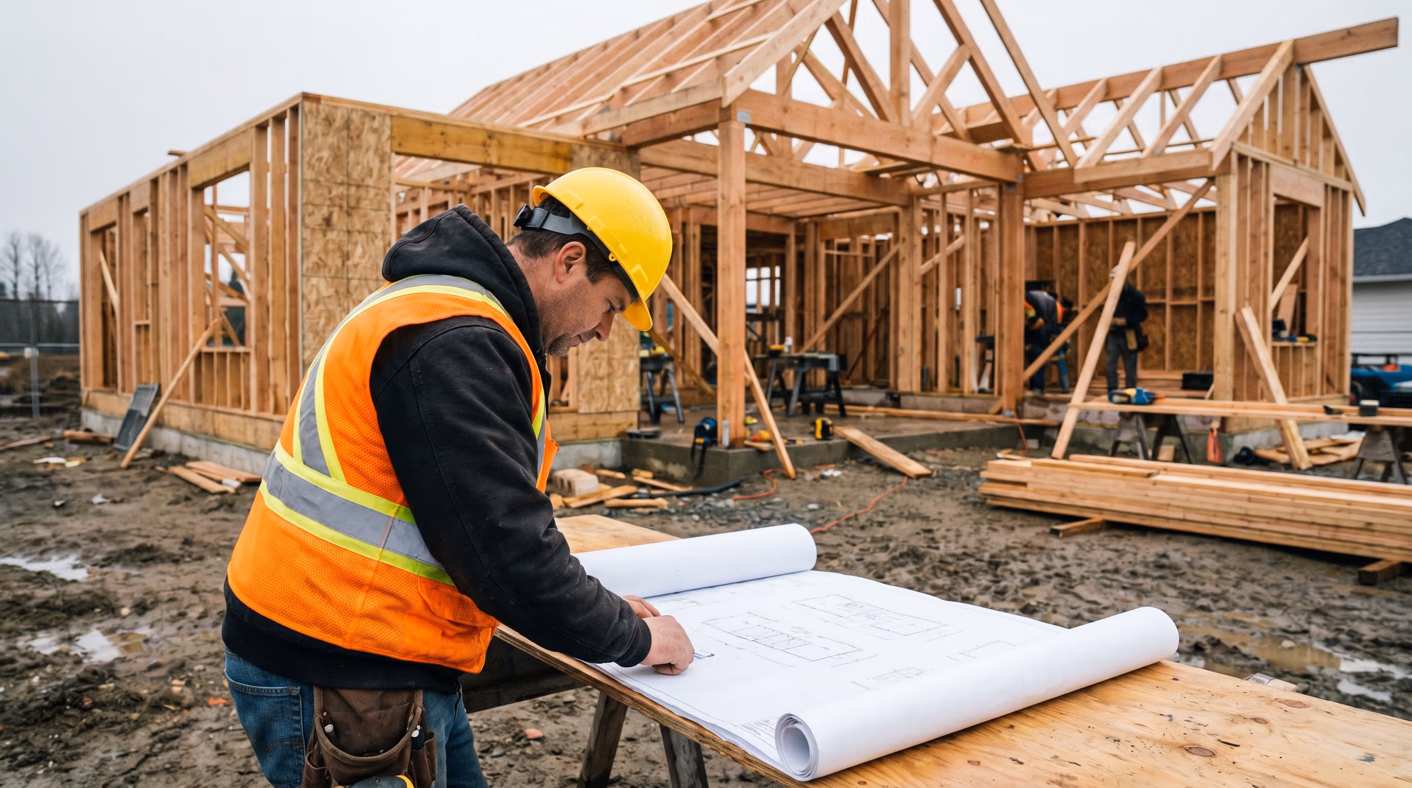General contractor reviewing plans on a construction site in Surrey, British Columbia
