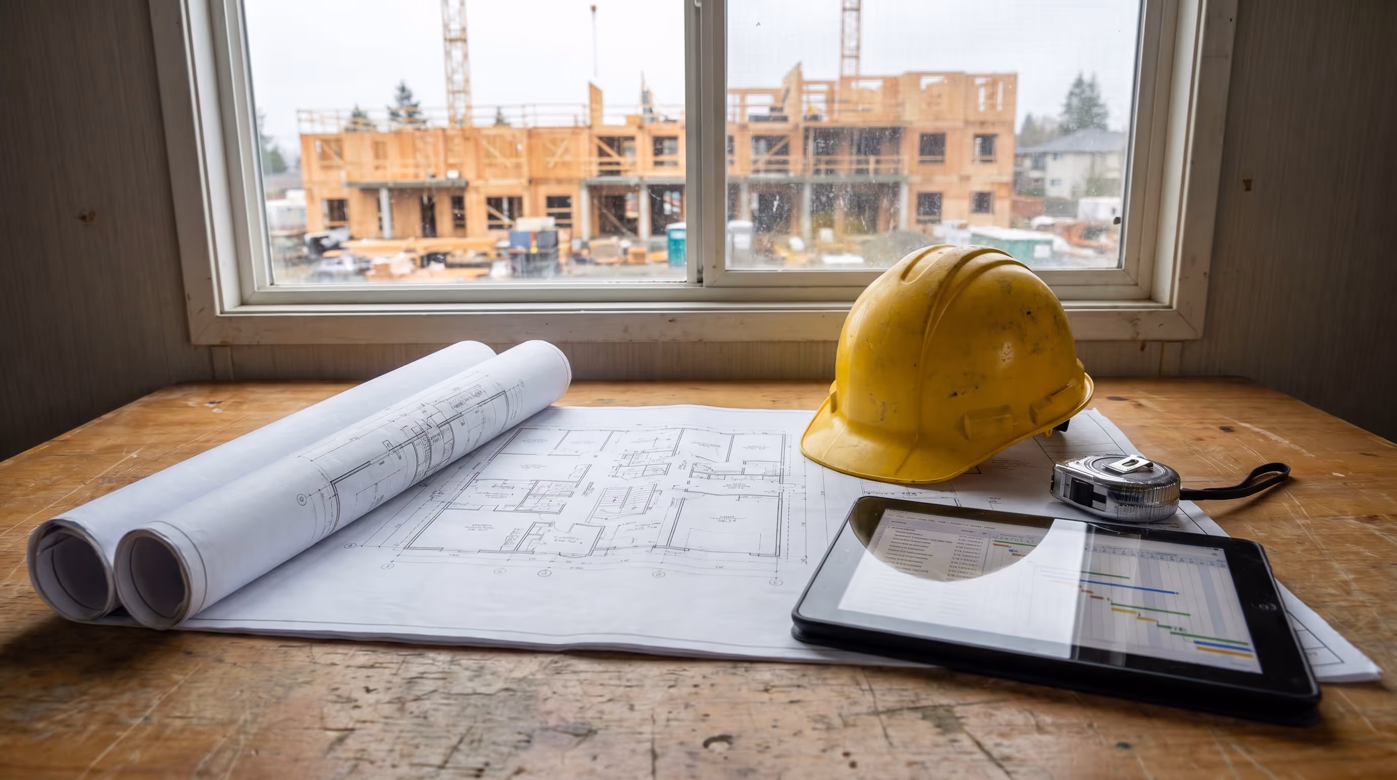 Developer and project team reviewing multi family construction plans during pre construction in British Columbia