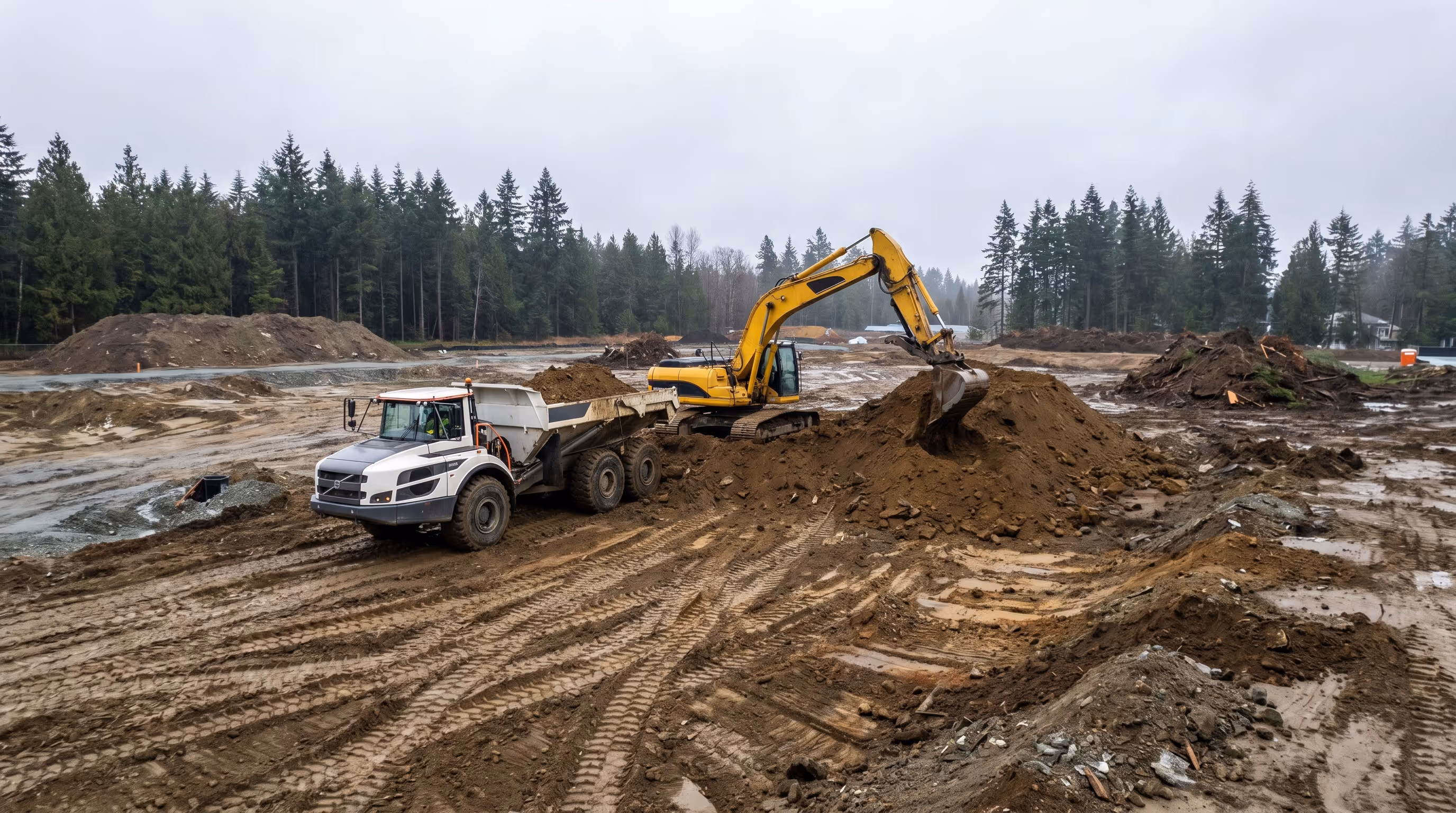 Excavator and dump truck doing earthwork on a Lower Mainland residential development site