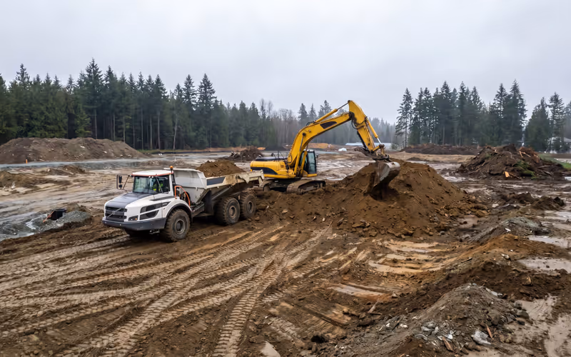 Excavator and dump truck doing earthwork on a Lower Mainland residential development site