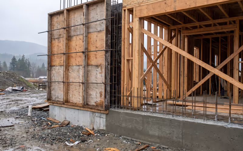 Concrete formwork and wood framing on a multi family construction site in British Columbia
