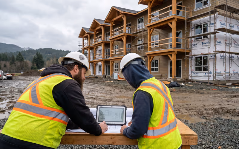 Construction professionals reviewing plans in front of a multi-family building under construction in British Columbia