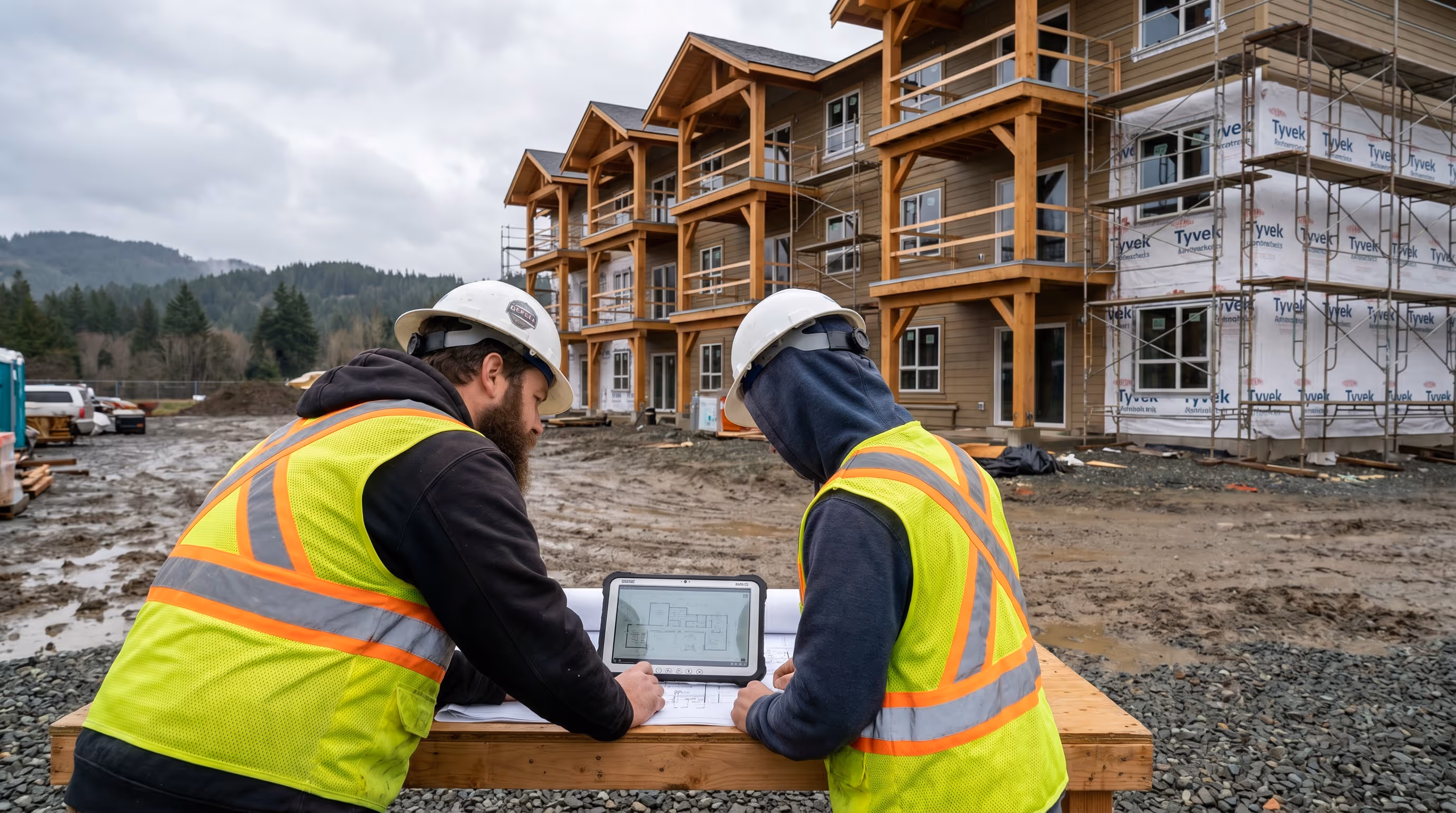 Construction professionals reviewing plans in front of a multi-family building under construction in British Columbia