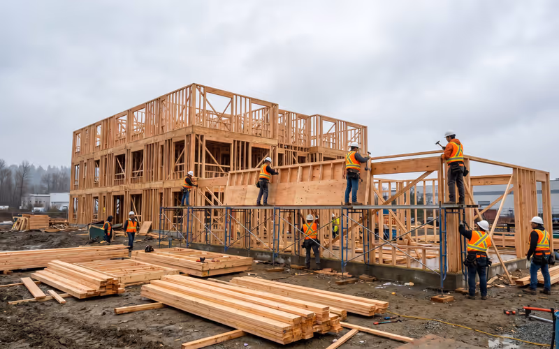 Framing crew working on a wood-frame multi-family building in Surrey, British Columbia