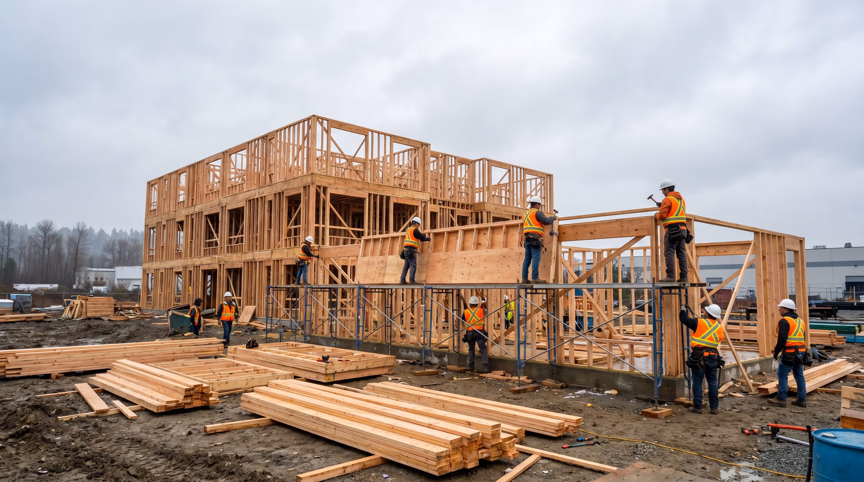 Framing crew working on a wood-frame multi-family building in Surrey, British Columbia