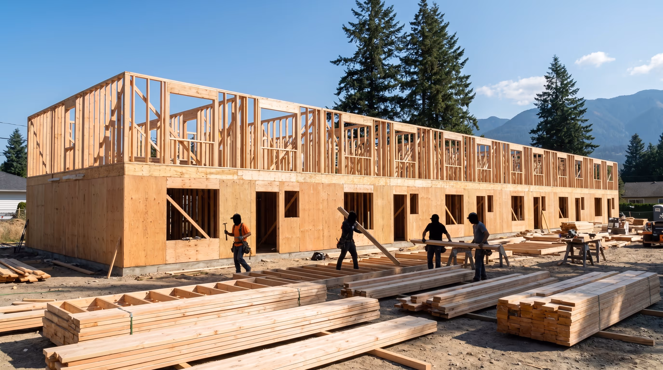 Wood frame townhouse under construction by a framing crew in British Columbia