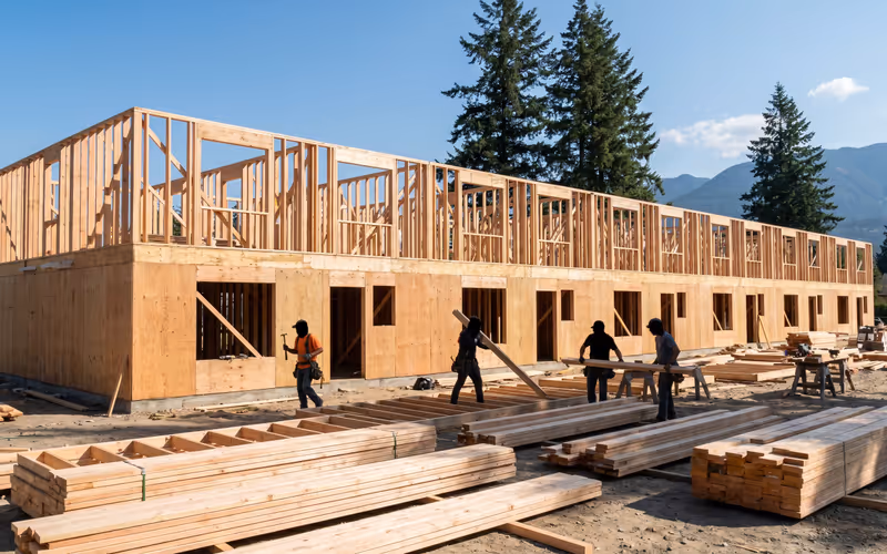 Wood frame townhouse under construction by a framing crew in British Columbia