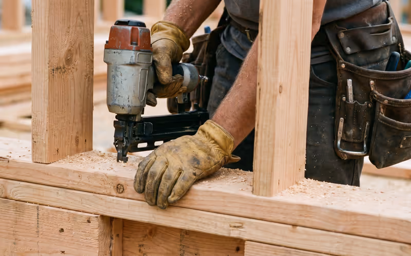 Carpenter using a framing nailer on wood wall framing at a British Columbia job site