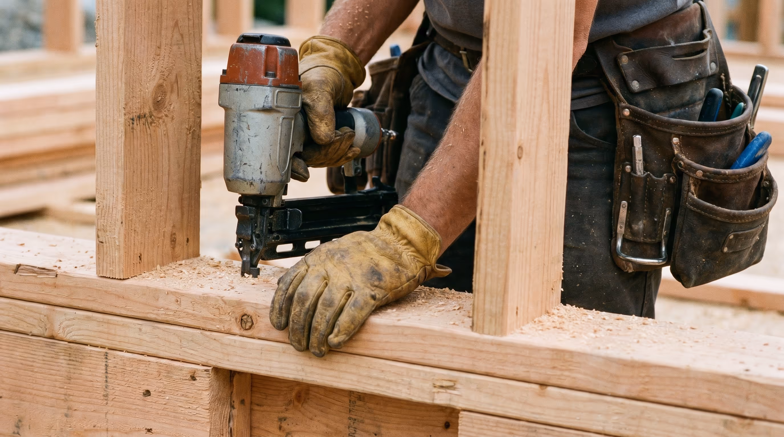 Carpenter using a framing nailer on wood wall framing at a British Columbia job site