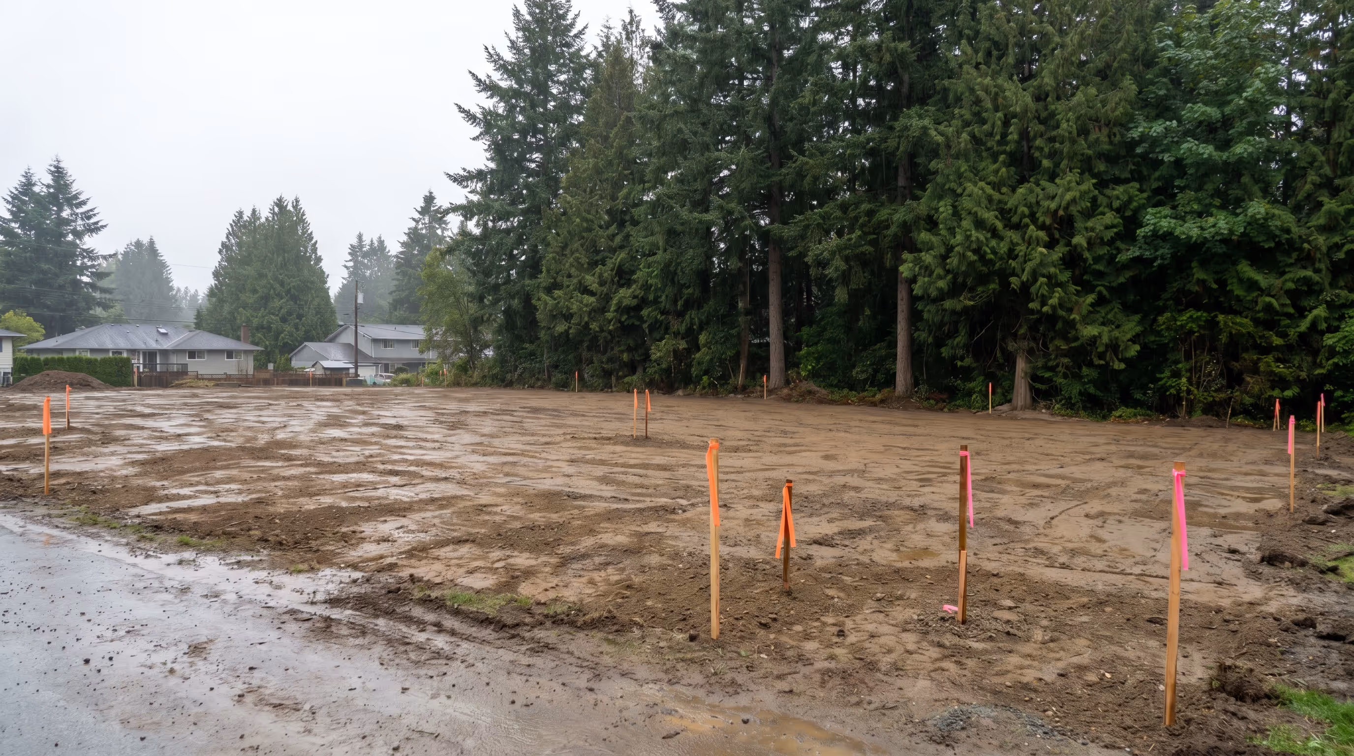 Freshly cleared and graded development lot with survey stakes in the Lower Mainland of British Columbia